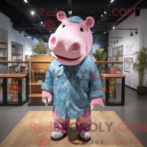 Costume De Mascotte Redbrokoly D Hippopotame Rose Personnage Habillé D Une Chemise En Jean Et De Bandeaux