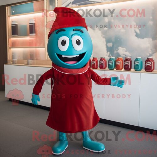 Personnage De Costume De Mascotte Redbrokoly De Bouteille De Ketchup Bleu Sarcelle Habillé Avec Un Pantalon De Jogging Et Des Noeuds Papillo