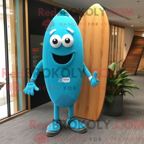 Personnage De Costume De Mascotte Redbrokoly De Planche De Surf Turquoise Habillé Avec Un Polo Et Des Porte-Documents