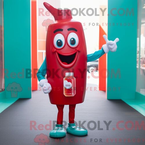 Personnage De Costume De Mascotte Redbrokoly De Bouteille De Ketchup Bleu Sarcelle Habillé Avec Un Pantalon De Jogging Et Des Noeuds Papillo