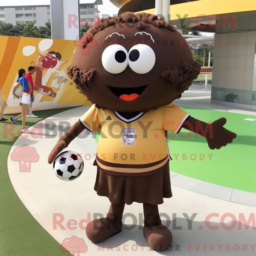 Personnage De Costume De Mascotte Redbrokoly De Ballon De Football Marron Habillé Avec Une Jupe Crayon Et Des Porte-Clés