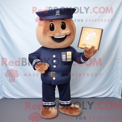 Costume De Mascotte Redbrokoly De Barres De Chocolat Bleu Marine Habillé D Un Pull Et De Coussinets De Pieds