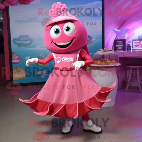 Personnage Mascotte Redbrokoly De Ceviche Rose Habillé Avec Une Jupe Circulaire Et Des Gants