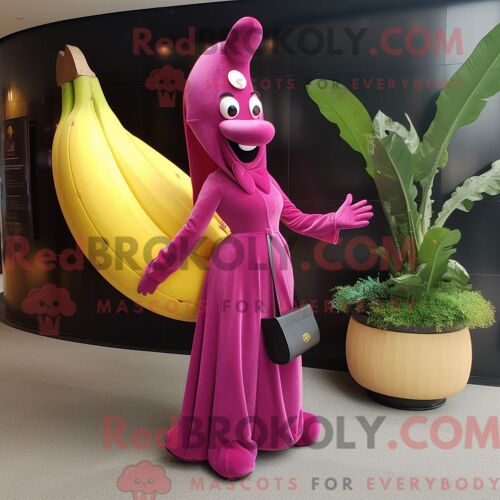 Personnage De Costume De Mascotte Redbrokoly De Bae Magenta Habillé Avec Une Robe De Soirée Et Des Sacs À Main