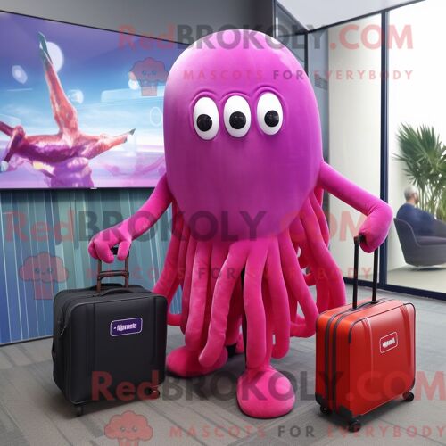 Costume Mascotte Redbrokoly De Méduse Magenta Personnage Habillé Avec Un Pull Et Des Porte-Documents