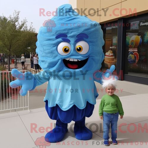 Personnage De Costume De Mascotte Redbrokoly De Cupcake Bleu Habillé D Un Jean Et D Une Écharpe De Maman