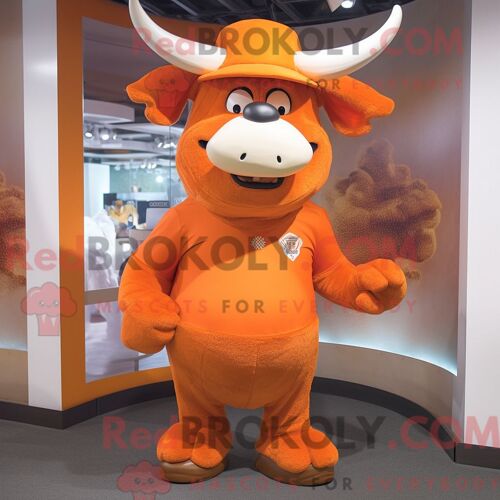 Costume De Mascotte Redbrokoly De Taureau Orange Habillé D Un T-Shirt À Col En V Et De Chapeaux