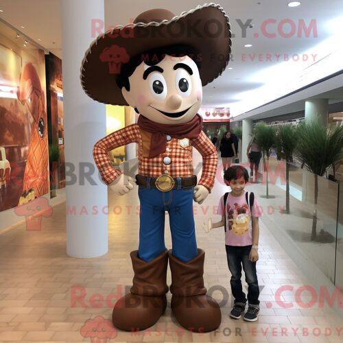 Personnage De Costume De Mascotte Redbrokoly De Cowboy Marron Habillé Avec Un Jean Maman Et Des Bracelets De Cheville