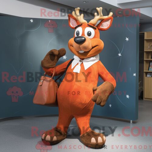 Personnage De Costume De Mascotte Redbrokoly De Renne Rouille Habillé D Un Costume Et De Sacs Fourre-Tout