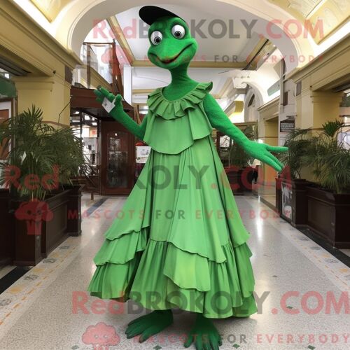 Personnage De Costume De Mascotte Redbrokoly De Marcheur Sur Échasses Verte Habillé Avec Une Robe Trapèze Et Des Gants