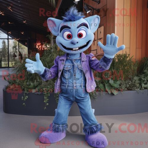 Personnage De Costume De Mascotte Redbrokoly De Vampire Lavande Habillé Avec Une Chemise En Jean Et Des Mitaines