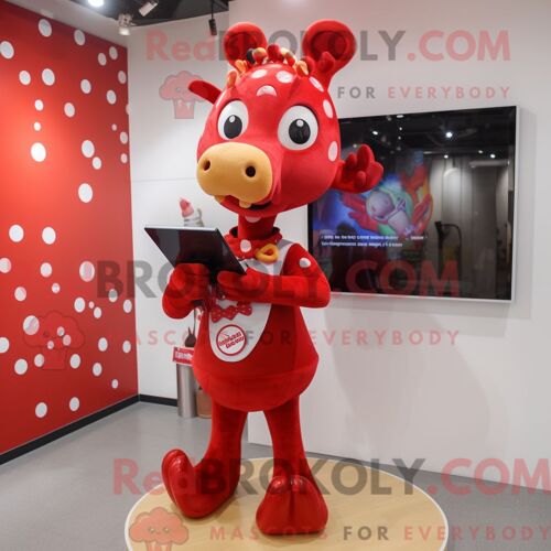 Costume De Mascotte Redbrokoly De Girafe Rouge Habillé D Une Mini-Jupe Et D Épingles À Cheveux