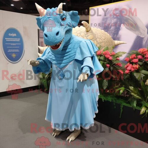 Costume De Mascotte Redbrokoly De Triceratops Bleu Ciel Personnage Habillé Avec Une Jupe Et Des Épingles De Châle