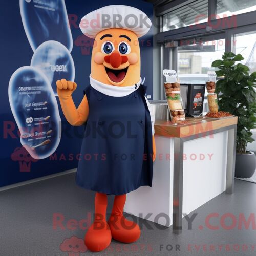 Costume De Mascotte Redbrokoly De Currywurst Bleu Marine Habillé Avec Une Robe De Cocktail Et Des Foulards