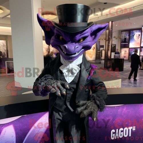 Costume Mascotte Redbrokoly De Gargouille Violette Personnage Habillé D Un Smoking Et D Une Écharpe