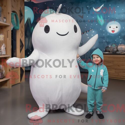 Costume Mascotte Redbrokoly De Narval Blanc Personnage Habillé Avec Une Barboteuse Et Des Mitaines