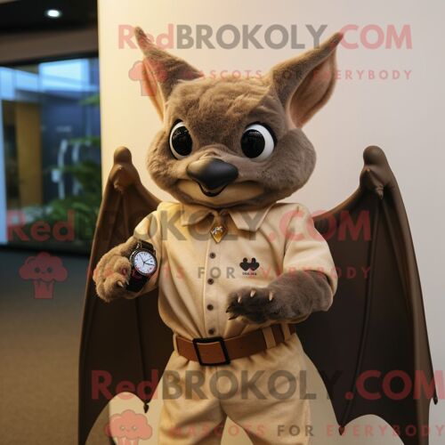 Costume Mascotte Redbrokoly De Chauve-Souris Marron Habillé D Un Chemisier Et De Montres Connectées