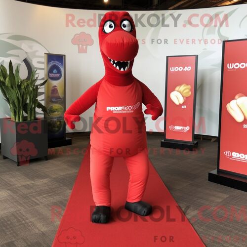 Mascotte Redbrokoly De Diplodocus Rouge Personnage Habillé D Un Short De Course Et De Montres-Bracelets