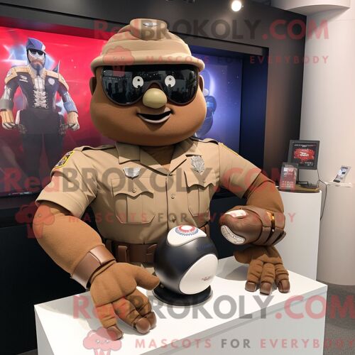 Costume De Mascotte Redbrokoly De Soldat Américain Marron Personnage Habillé D Une Chemise De Rugby Et De Montres-Bracelets