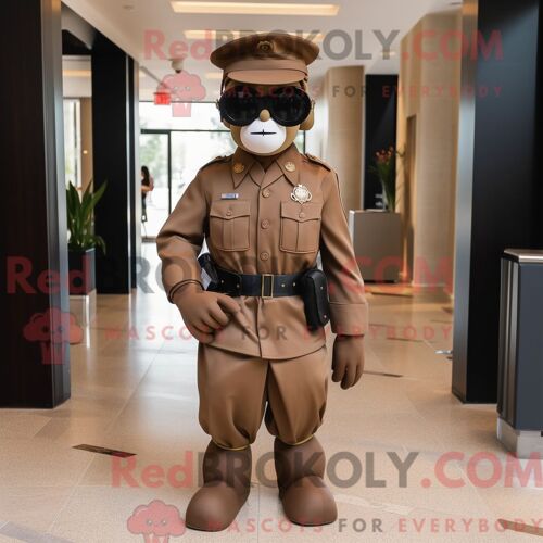 Costume De Mascotte Redbrokoly De Soldat Américain Marron Habillé D Une Robe Trapèze Et De Lunettes De Soleil