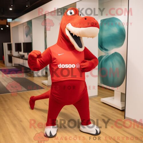 Mascotte Redbrokoly De Diplodocus Rouge Personnage Habillé D Un Short De Course Et De Montres-Bracelets