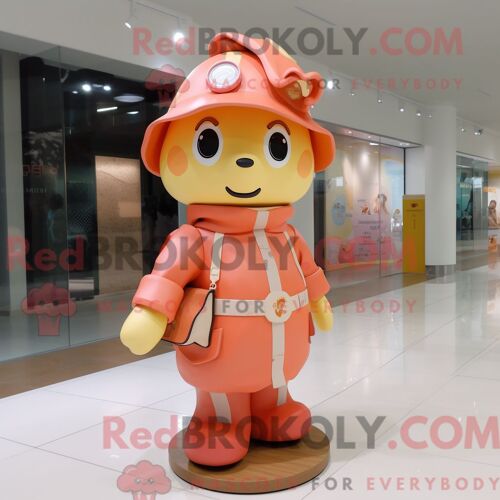 Costume De Mascotte Redbrokoly De Pompier Peach Habillé D Un Imperméable Et De Sacs À Main