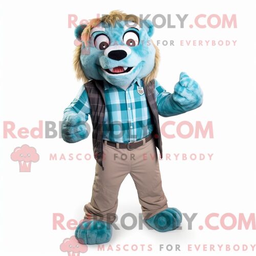Costume De Mascotte Redbrokoly De Smilodon Turquoise Habillé D Une Chemise En Flanelle Et De Ceintures De Smoking