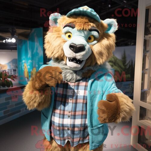 Costume De Mascotte Redbrokoly De Smilodon Turquoise Habillé D Une Chemise En Flanelle Et De Ceintures De Smoking