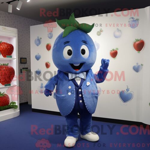 Costume Mascotte Redbrokoly De Fraise Bleue Personnage Habillé D Une Veste Et De Boutons De Manchette