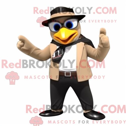 Costume De Mascotte Redbrokoly De Pingouin Beige Habillé D Une Veste De Moto Et De Bretelles