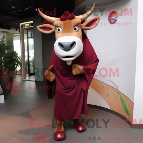 Costume De Mascotte Redbrokoly De Zébu Marron Habillé Avec Un T-Shirt Henley Et Des Écharpes