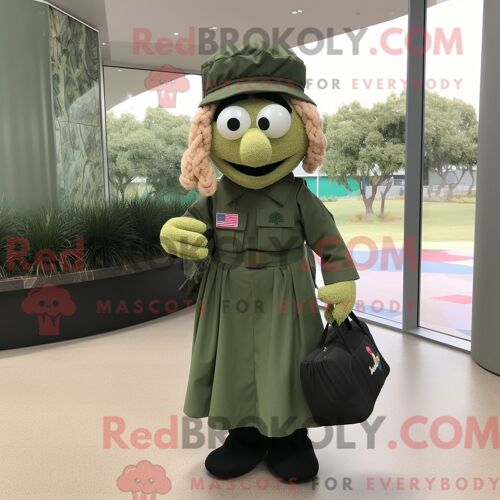Costume De Mascotte Redbrokoly De Béret Vert Olive Habillé D Une Jupe Longue Et De Sacs Fourre-Tout