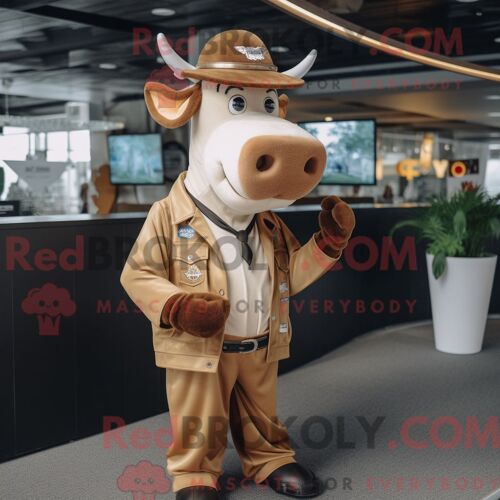 Mascotte Redbrokoly De Vache En Jersey Beige Personnage Habillé Avec Une Veste De Costume Et Des Casquettes