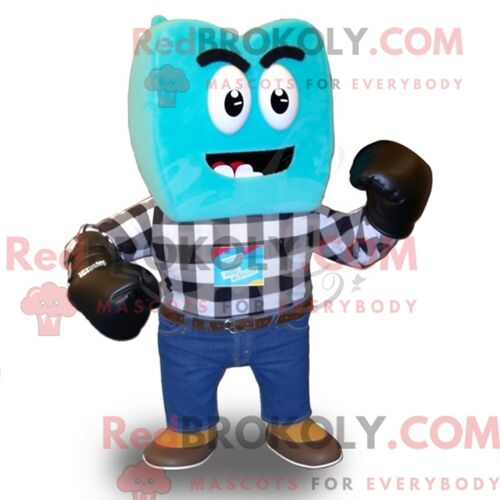 Costume Mascotte Redbrokoly De Gant De Boxe Turquoise Habillé D Une Chemise En Flanelle Et De Ceintures