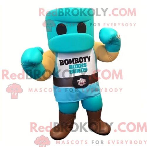 Costume Mascotte Redbrokoly De Gant De Boxe Turquoise Habillé D Une Chemise En Flanelle Et De Ceintures