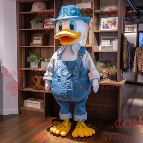Costume De Mascotte Redbrokoly De Canard Bleu Ciel Personnage Habillé D Une Salopette Et D Épingles À Chapeau