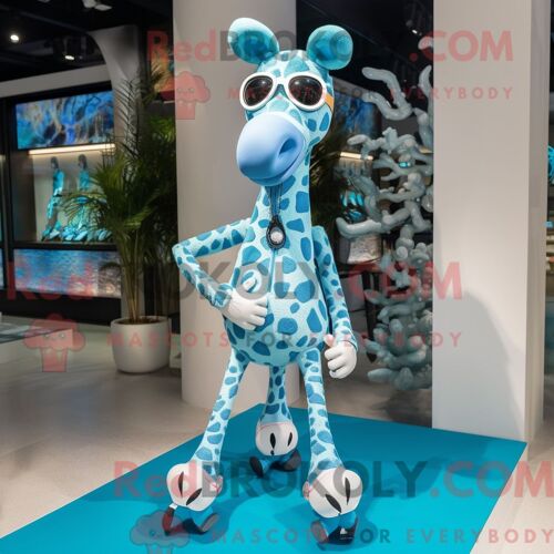 Costume Mascotte Redbrokoly De Girafe Bleu Ciel Habillé D Un Short De Course Et De Lunettes De Soleil