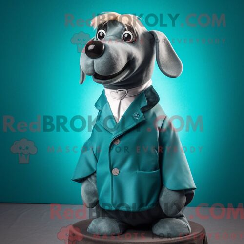 Costume Mascotte Redbrokoly De Chien Bleu Sarcelle Habillé D Un Col Roulé Et De Pochettes De Costume