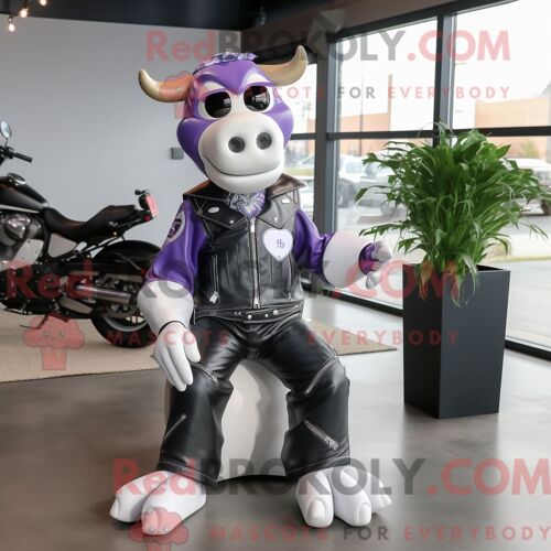 Costume De Mascotte Redbrokoly De Vache Holstein Lavande Personnage Habillé D Une Veste De Motard Et De Cravates