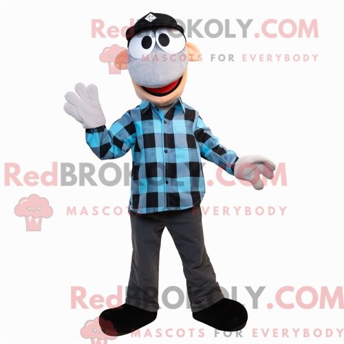 Personnage Mascotte Redbrokoly De Marcheur Sur Échasses Noir Habillé D Une Chemise En Flanelle Et De Mitaines