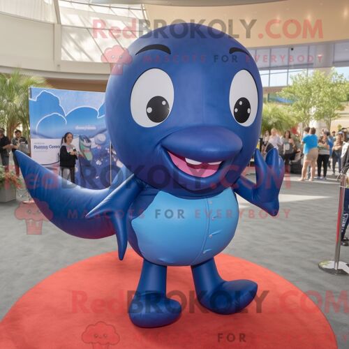 Costume Mascotte Redbrokoly De Baleine Bleue Marine Personnage Habillé Avec Un Jean Skinny Et Des Boucles D Oreilles