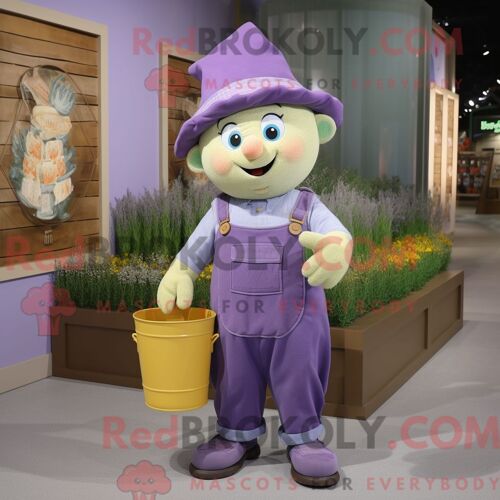 Personnage De Costume De Mascotte Redbrokoly De Pot D Or De Lavande Habillé Avec Une Salopette Et Des Pochettes