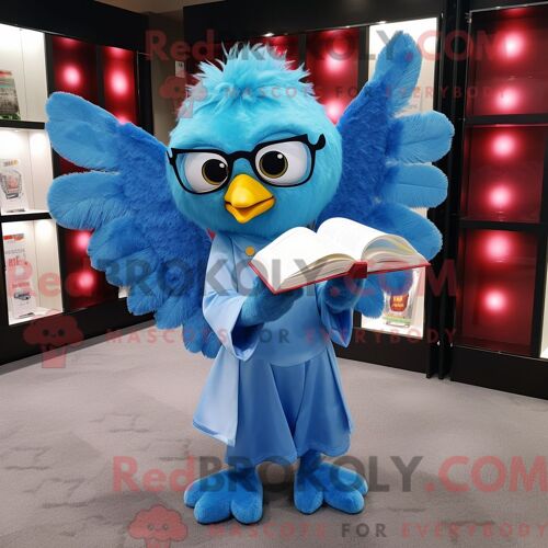 Costume Mascotte Redbrokoly De Harpie Bleu Ciel Personnage Habillé Avec Une Culotte Et Des Lunettes De Lecture