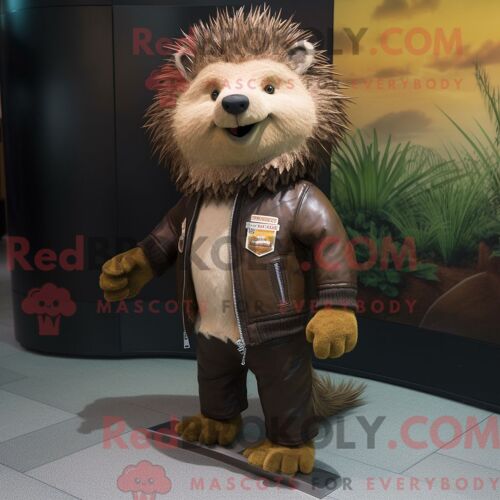 Costume De Mascotte Redbrokoly De Porc-Épic Marron Habillé D Une Veste En Cuir Et D Épinglettes