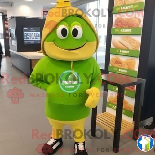 Personnage De Costume De Mascotte Redbrokoly De Sandwich Au Fromage Grillé Vert Citron Habillé D Une Parka Et De Montres Bracelet
