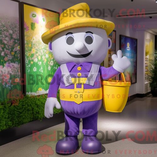 Personnage De Costume De Mascotte Redbrokoly De Pot D Or De Lavande Habillé Avec Une Salopette Et Des Pochettes