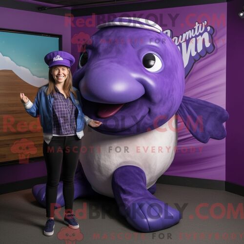 Costume De Mascotte Redbrokoly De Baleine À Bosse Violette Personnage Habillé Avec Une Mini Robe Et Des Casquettes