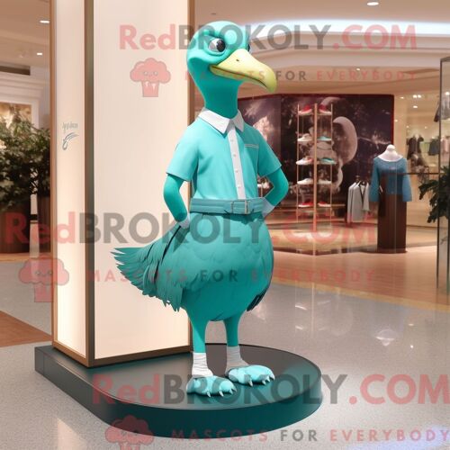 Costume De Mascotte Redbrokoly De Pigeon Bleu Sarcelle Habillé D Une Robe Fourreau Et De Lacets De Chaussures