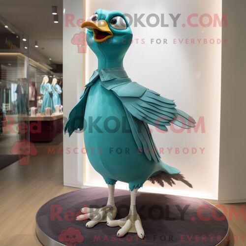 Costume De Mascotte Redbrokoly De Pigeon Bleu Sarcelle Habillé D Une Robe Fourreau Et De Lacets De Chaussures