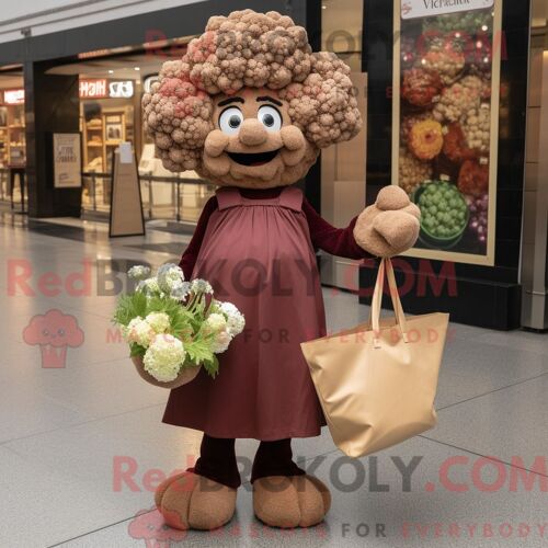 Personnage De Costume De Mascotte Redbrokoly De Chou-Fleur Marron Habillé D Une Robe De Soirée Et De Sacs Fourre-Tout